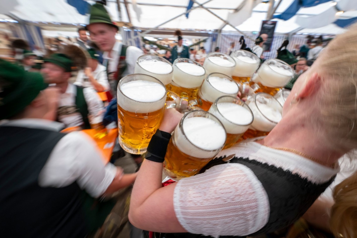 Bayern- oder auch Deutschland-Klischee pur: Eine Bedienung trägt in einem Festzelt Maßkrüge - hier beim Gaufest des Chiemgau-Alpenverbands 2024. (Archivbild)