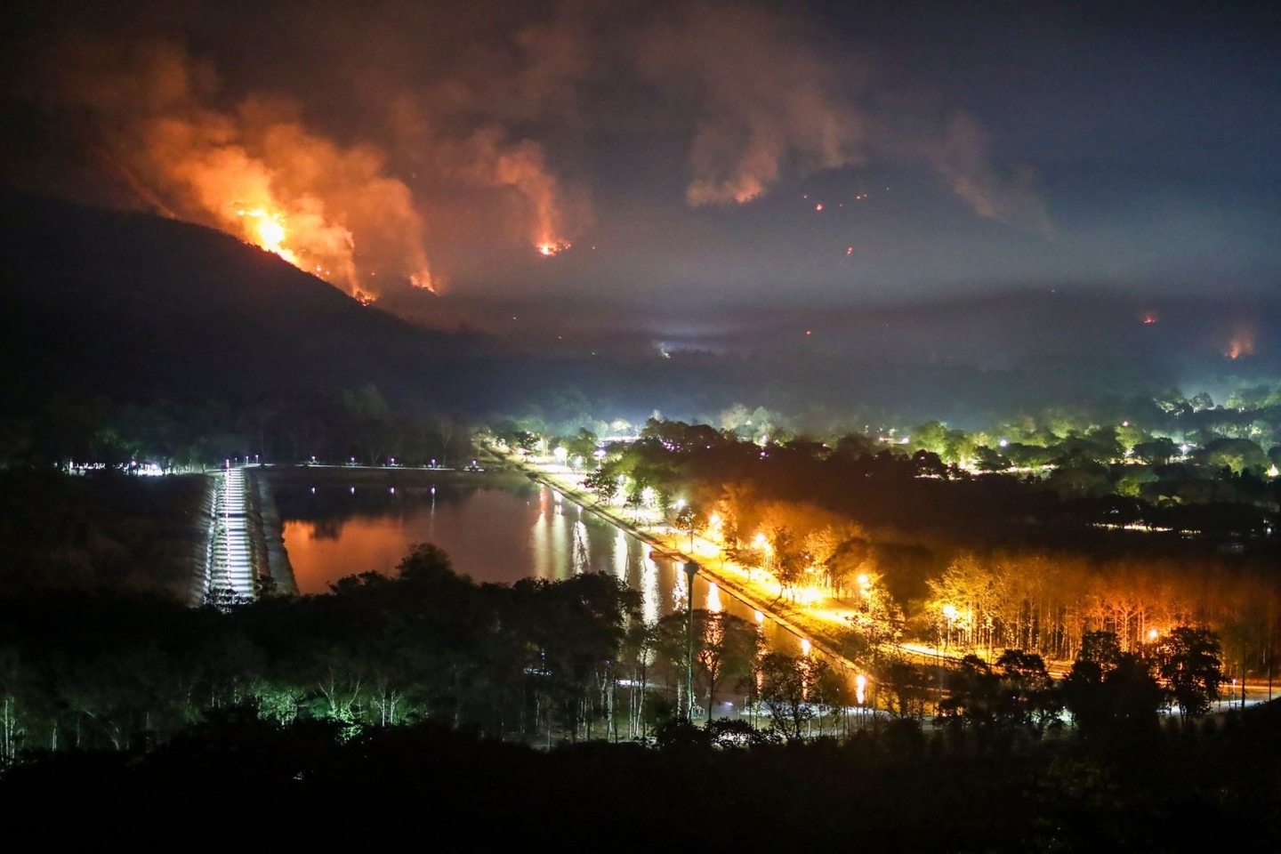 In Nakhon Nayok brennen Bäume lichterloh.